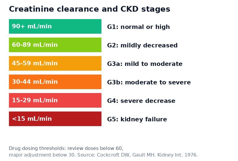 Creatinine clearance chart showing CKD stages G1 to G5 from 90 mL per minute down to below 15 mL per minute