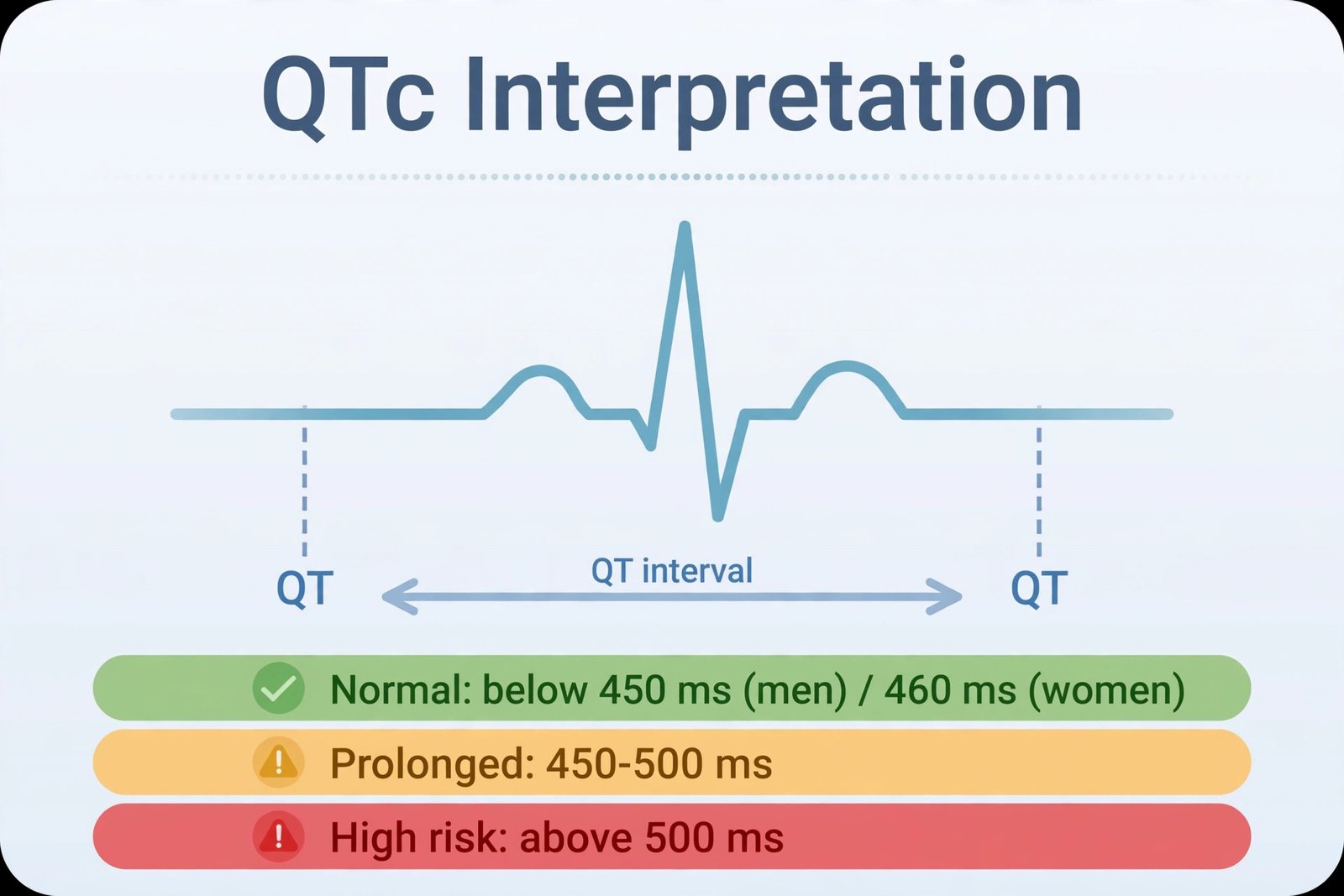 QTc calculator interpretation chart: normal below 450 ms in men and 460 ms in women, prolonged between 450 and 500 ms, high risk above 500 ms