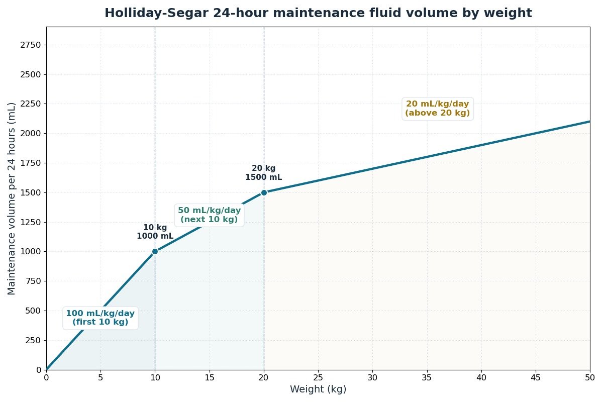 Line chart of Holliday-Segar 24-hour maintenance fluid volume against body weight from 0 to 50 kg, showing three segments: 100 mL per kg per day up to 10 kg, 50 mL per kg per day from 10 to 20 kg, and 20 mL per kg per day above 20 kg, with breakpoints marked at 10 kg (1000 mL) and 20 kg (1500 mL).